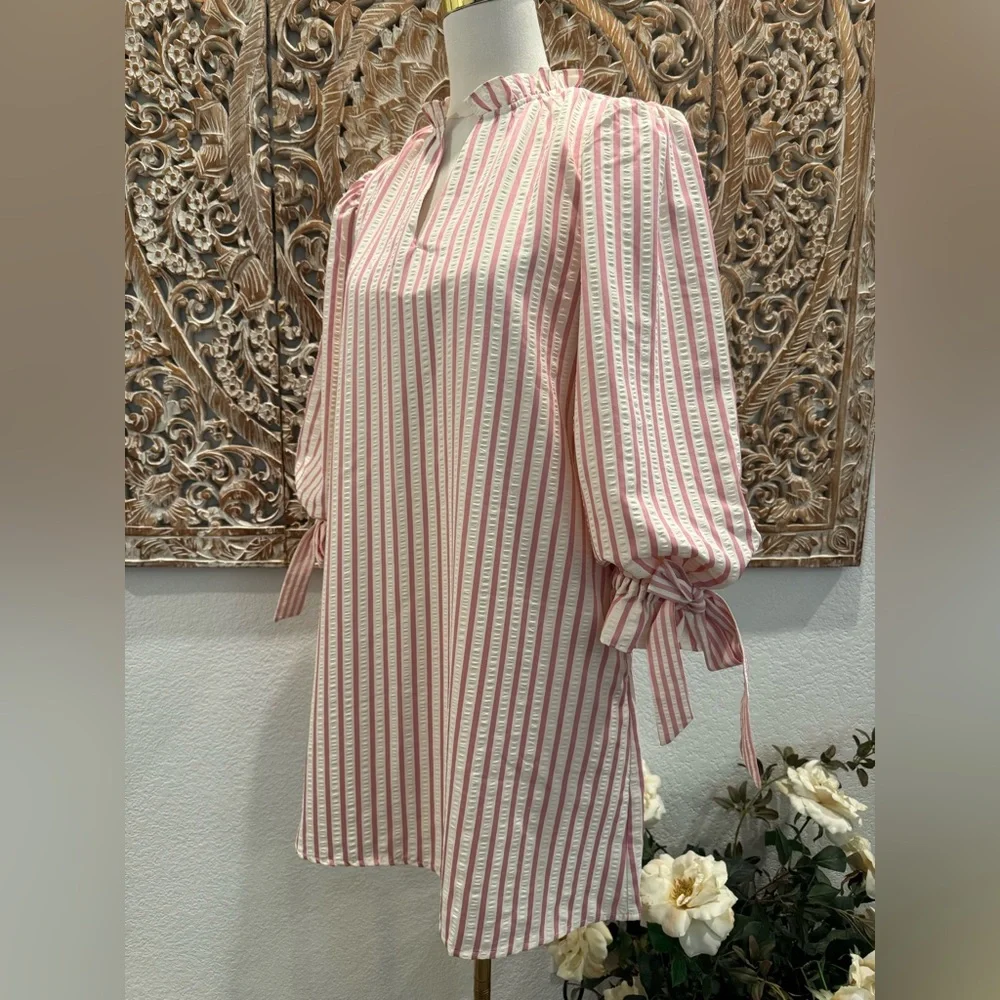 Entro White & Pink Stripe SearSucker Mini Dress, Exaggerated Balloon Sleeves - Picture 5 of 16